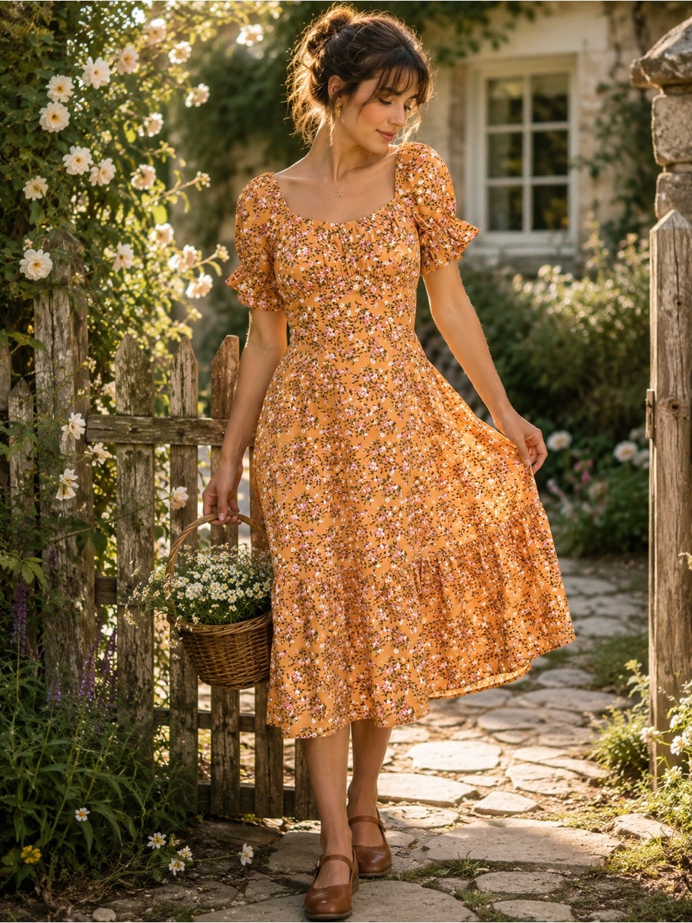 INFLUENCE Floral Milkmaid Cottagecore Midi Dress Size 4 Puff Sleeve Prairie